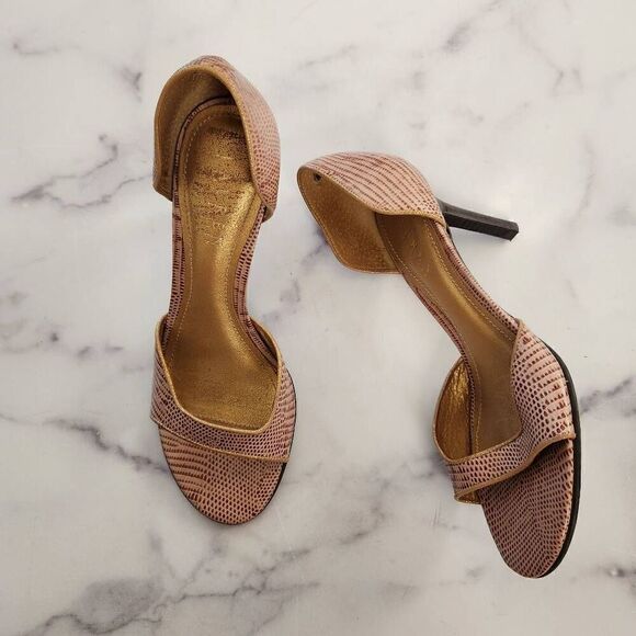 Lauren Ralph Lauren pink mauve reptilian gold bronze trim high heels open peep t - Picture 1 of 4